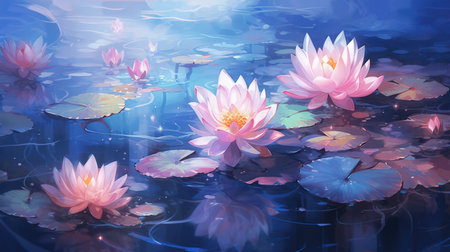 Beautiful water lilies in the pond. Illustration for your designの素材