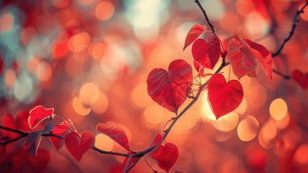Autumn background with red leaves and bokeh lights. Vintage tonedの素材