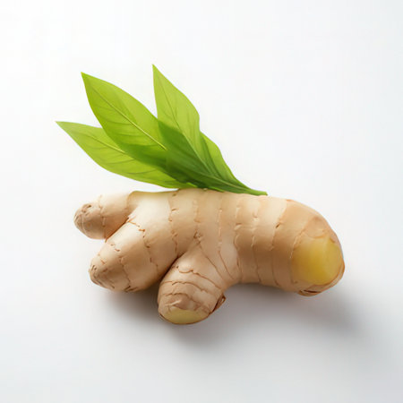 Fresh ginger with green leaves on white background.の素材