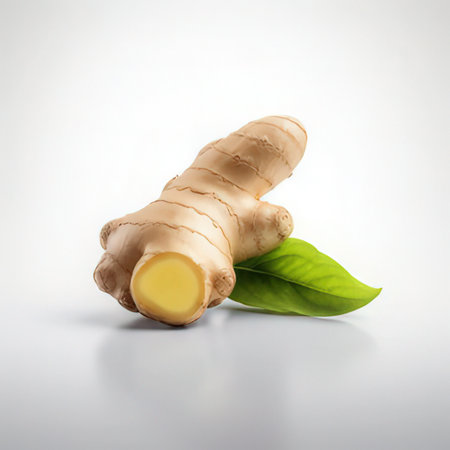 Ginger root with green leaves isolated on white background with clipping pathの素材