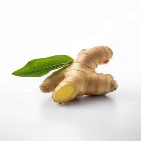 Ginger root with leaf on white background. Healthy food concept.の素材