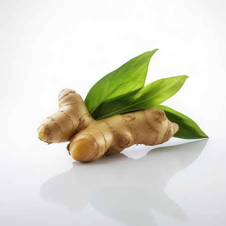 Ginger root with green leaves isolated on white background, studio shotの素材