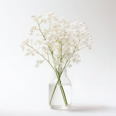 White gypsophila flowers in a vase on a white backgroundの素材