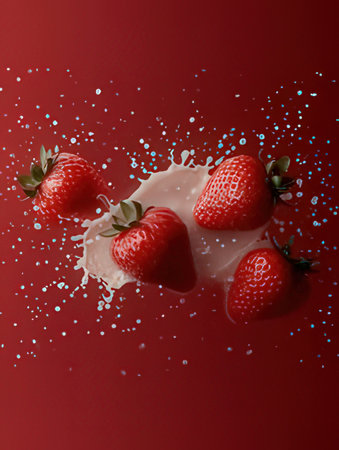 Strawberry and milk splash on a red background with copy spaceの素材