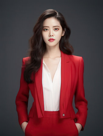Portrait of a beautiful young woman in red suit on gray backgroundのeditorial素材