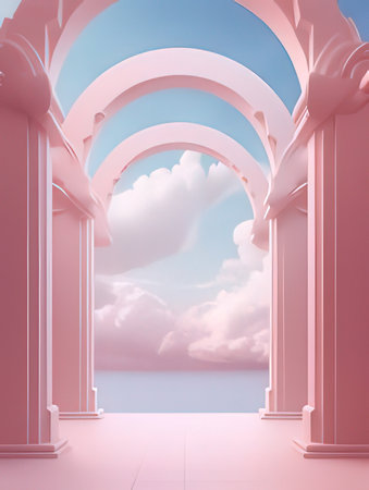 Pink archway with blue sky and clouds. 3D rendering.の素材