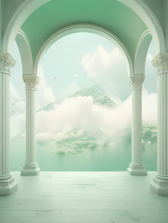 3d illustration of a beautiful arched room with clouds in the skyの素材