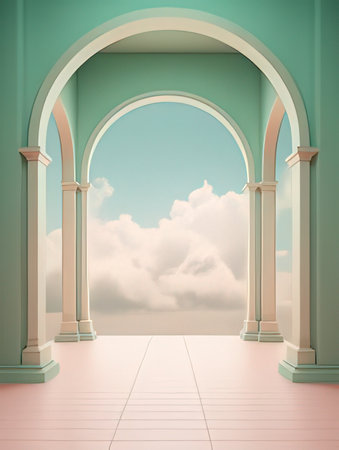 Archway to the sky with clouds. 3d render illustration.の素材