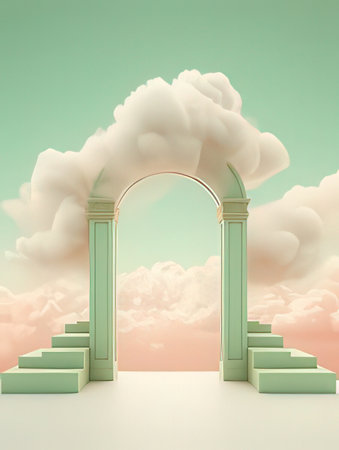 3d rendering of entrance to the sky with clouds and archwayの素材
