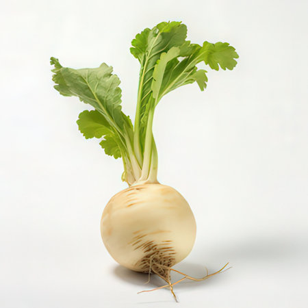 Fresh turnip with roots isolated on white background. Top view.の素材