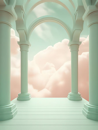 3d render of white corridor with archs and clouds in the skyの素材