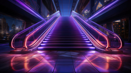 3D rendering of an escalator in a futuristic room with neon lightsの素材