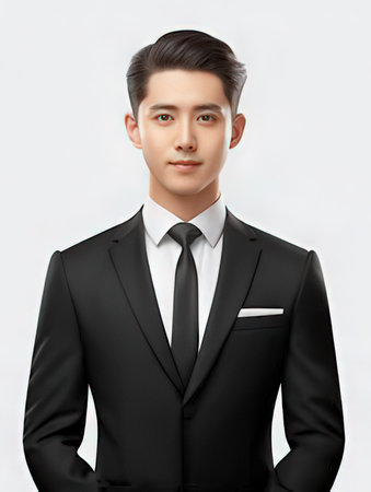 Portrait of young handsome asian businessman in black suit on white backgroundのeditorial素材