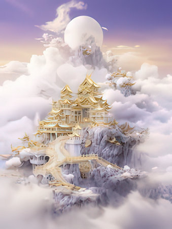 Fantasy landscape with golden pagoda in the clouds. 3D renderingの素材