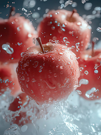 Fresh red apples in water with splash, close-up, macroの素材