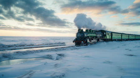 Steam locomotive on the tracks of the frozen river in winter.の素材