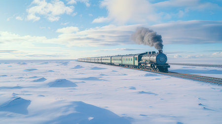3d illustration of a steam locomotive in the winter landscape.の素材