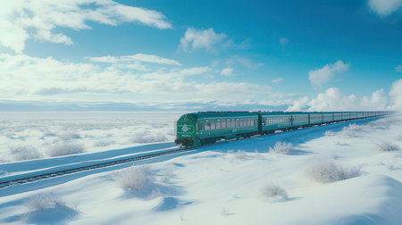 Freight train on the road in winter with snow and blue skyの素材