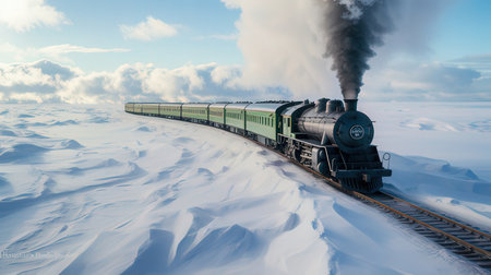 Steam locomotive on the background of a snowy landscape. 3d renderの素材