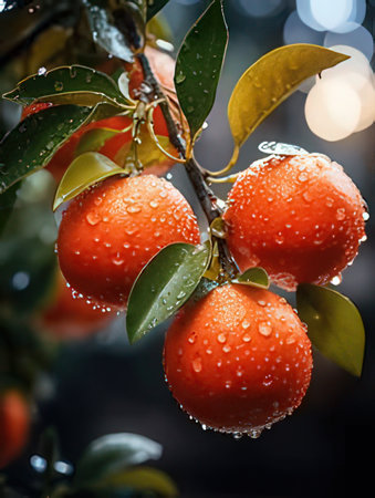 Ripe tangerines on a tree branch with dew dropsの素材