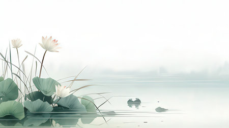 Illustration of Lotus flower and Lotus flower in the pond background.の素材