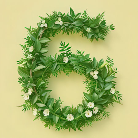 Number 6 made of green leaves and white flowers. 3D illustrationの素材