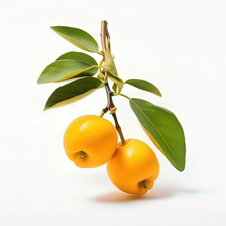 Ripe yellow quince fruit on a branch on a white backgroundの素材