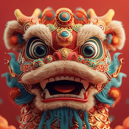 Chinese dragon statue on red background. 3D illustration. Chinese New Year concept.の素材