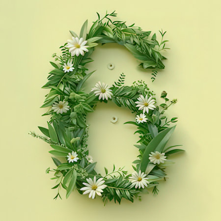 Number 8 made of green leaves and flowers on pastel yellow backgroundの素材