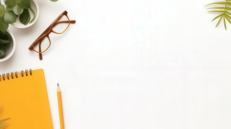 Top view of office desk with blank notebook, eyeglasses and plant on white backgroundの素材