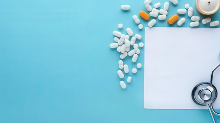 Stethoscope and white pills on blue background. Top view with copy spaceの素材