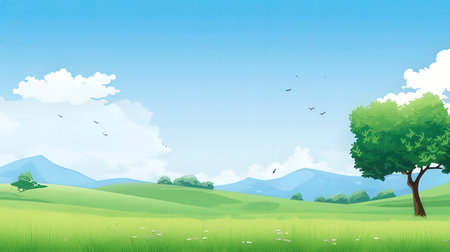 Summer landscape background with green meadow and blue sky. Vector illustration.の素材