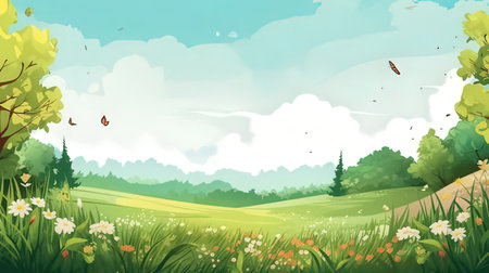 Summer landscape with meadow, forest and flowers. Vector illustration.の素材