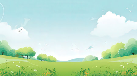 Summer landscape with grass, trees and flying birds. Vector illustration.の素材