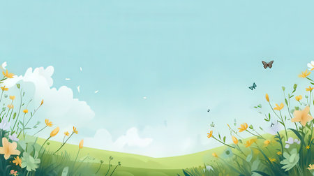 Spring background with grass, flowers and butterflies. Vector Illustration.の素材