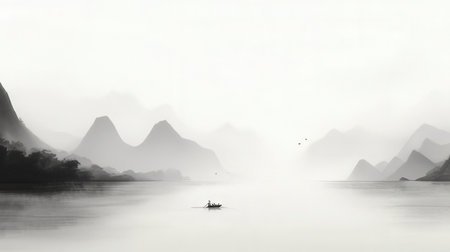 Fisherman on a boat in a misty lake with mountains in the backgroundの素材
