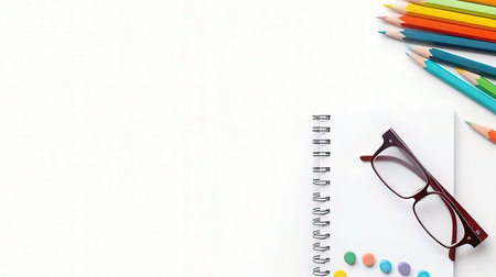 Top view of colorful pencils, glasses and notebook on white backgroundの素材