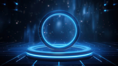 3d rendering of abstract blue background with neon lights and round podiumの素材
