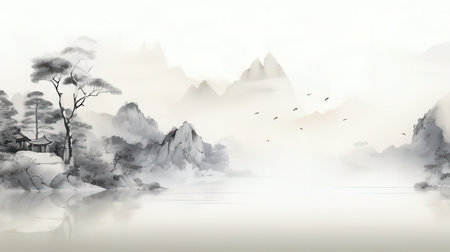 Digital painting of a Japanese temple in the middle of a foggy lakeの素材