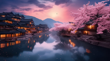 Beautiful japanese traditional architecture with cherry blossom and pondの素材