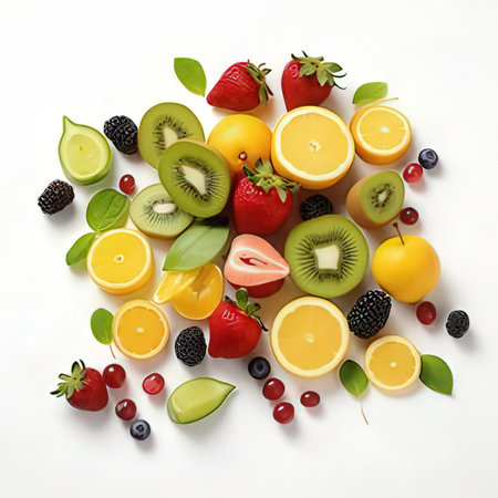 Composition with fresh fruits and berries on white background, top viewの素材