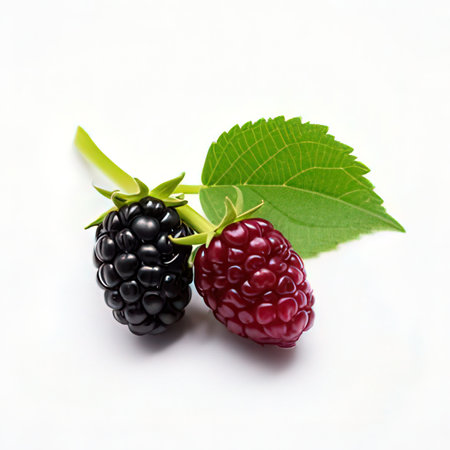 Blackberry and raspberry with leaf on white background. Isolated.の素材