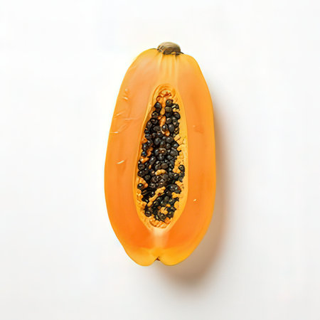 Half of ripe papaya on white background, top view. Tropical fruitの素材
