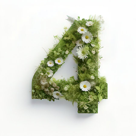 Flower font with white daisies and green leaves. Letter 4の素材
