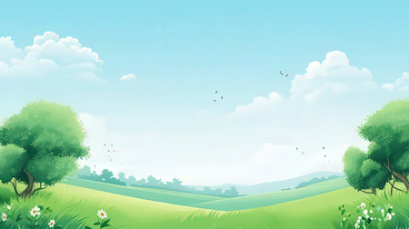 Summer landscape background with green meadow and blue sky. Vector illustration.の素材