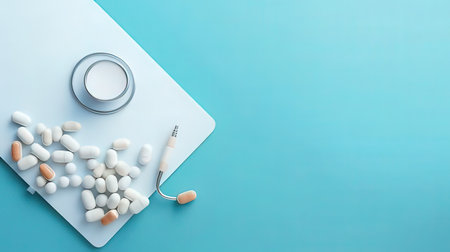 Top view of white pills and stethoscope on blue background.の素材