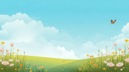 Summer landscape background with grass, flowers and butterflies. Vector illustration.の素材