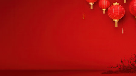 Chinese New Year Red Lanterns on Red Wall Background with Copy Spaceの素材