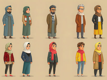 Set of muslim people in different national clothes. Vector illustration.の素材