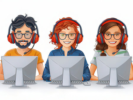 Team of call center workers with headsets and computers. Vector illustration.の素材